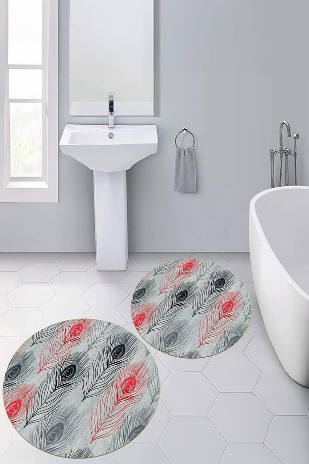 Digital Non-Slip Base Washable Floral Round Bathroom Mat Set of 2 Toilet Seat Covers