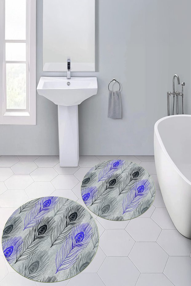 Digital Non-Slip Base Washable Floral Round Bathroom Mat Set of 2 Toilet Seat Covers