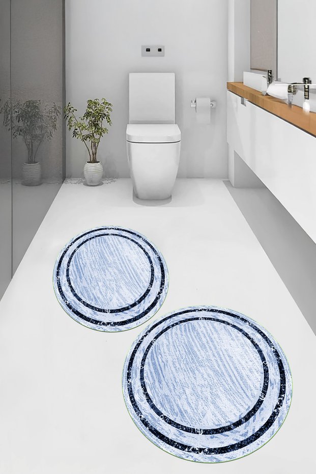Printed Non-Slip Base Washable Framed Round Bathroom Mat Set of 2 Toilet Mats