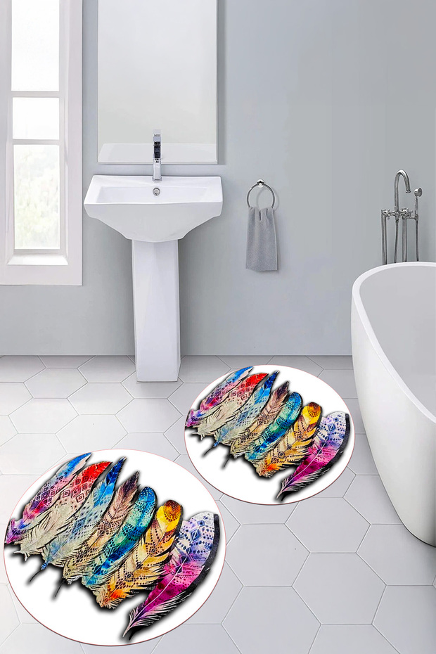 Digital Non-Slip Base Washable Floral Round Bathroom Mat Set of 2 Toilet Seat Covers