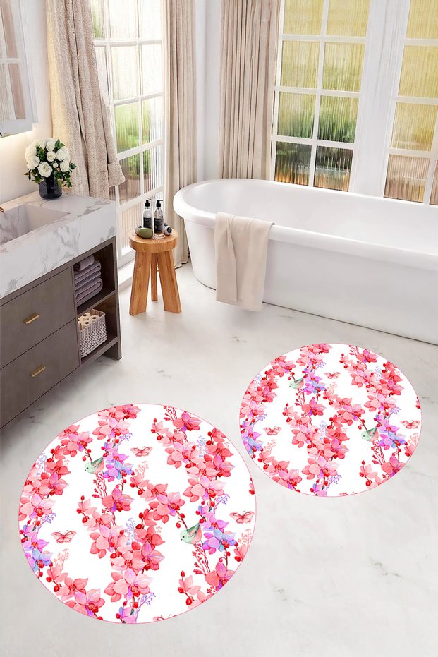 Printed Washable Flower Pattern Round Bath Mat Set of 2 Toilet Seat Covers
