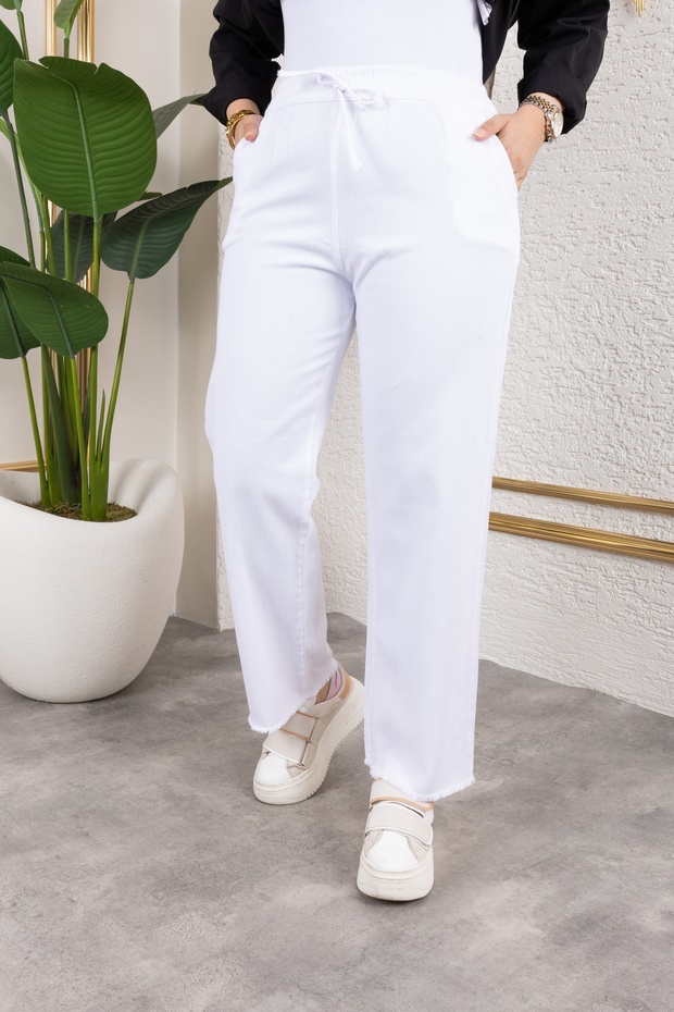 Elastic Waist Linen Trousers - White / A0104