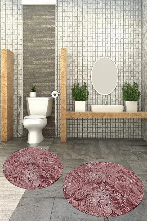 Printed Non-Slip Base Washable Round Bath Mat Set of 2 Toilet Seat Covers