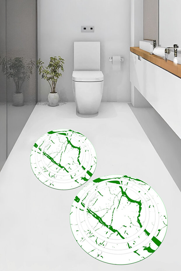 Non-Slip Base Washable Marble Pattern Round Bathroom Mat Set of 2 Toilet Mats