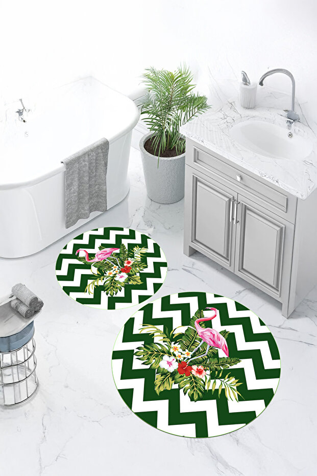 Printed Washable Flower Pattern Round Bath Mat Set of 2 Toilet Seat Covers