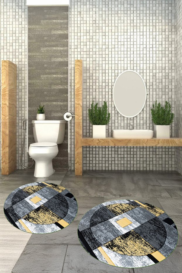 Printed Non-Slip Base Washable Round Bath Mat Set of 2 Toilet Seat Covers
