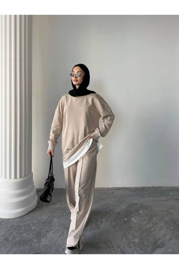 Garnished Ribbed Slit Detailed Two Thread Fabric Oversize Tracksuit Set