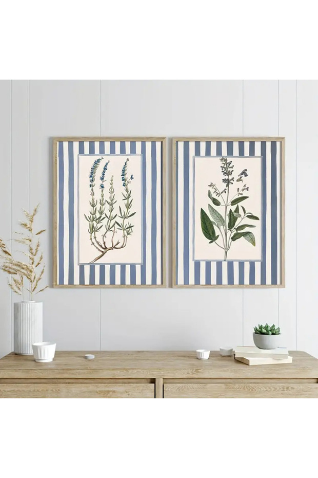 Natural Wood Framed Uv Printing Set of 2 Blue Stripes Flower Pattern Painting Set Modern & Stylish Wall Decor