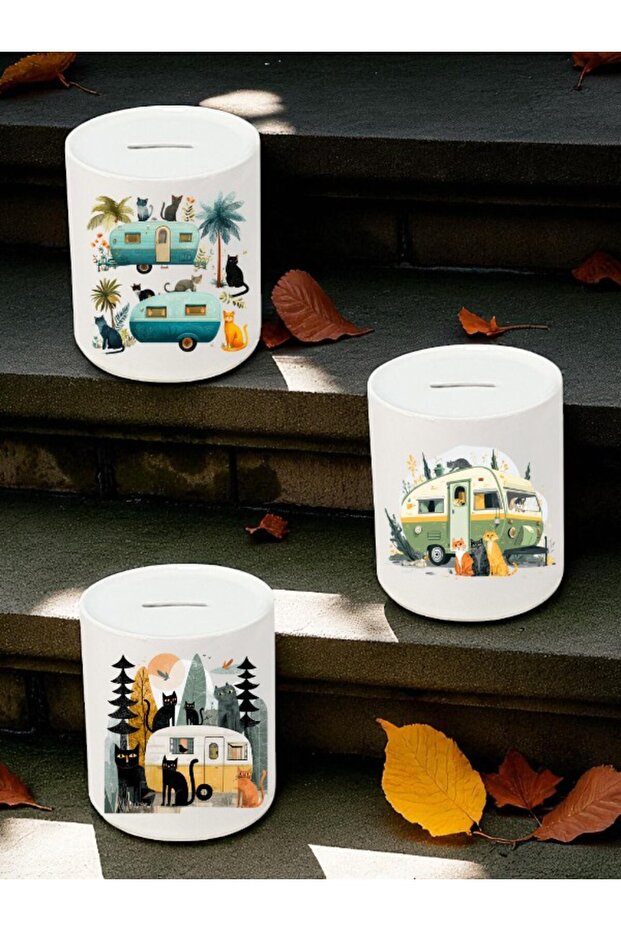 Cat and Caravan Printed Piggy Bank - Home Kitchen Office Workplace Item