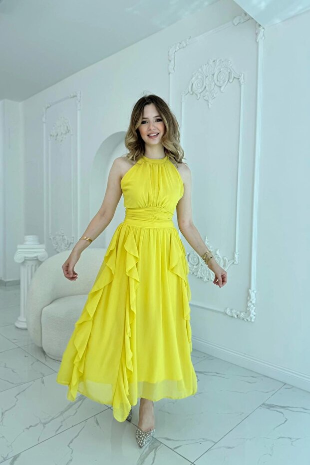 Ruffled Yellow Chiffon Dress with Gathered Front Skirt