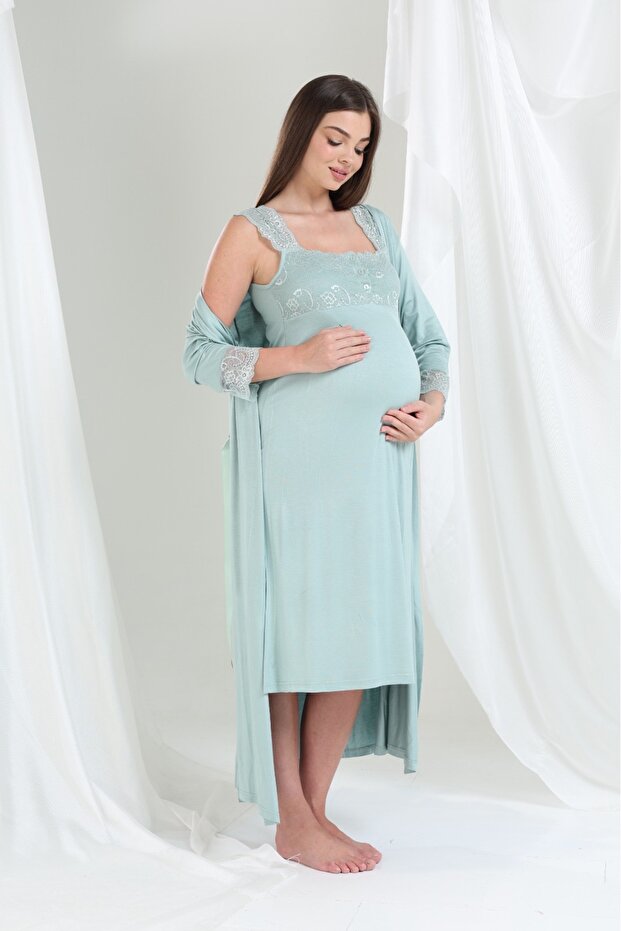 Pregnant Nightgown Morning Set with Viscos and Lace