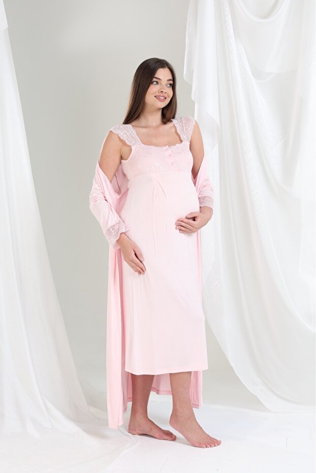 Pregnant Nightgown Morning Set with Viscos and Lace