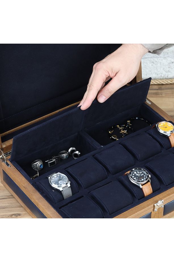 10'lu Saat Kutusu Ahşap Saat Kutusu Deri Saat Kutusu Saat Koleksiyon Kutusu Watch Box - 2