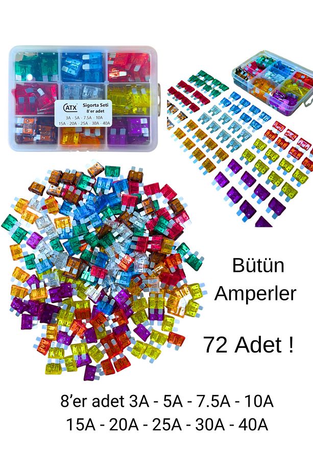 Oto Bıçak Sigorta Seti Bütün Amperler Kutulu 72 Adet ( 8’er Adet ) - 1