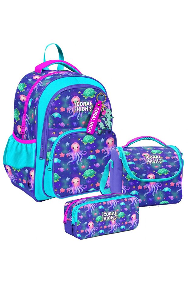 Three Compartment Lavender Turquoise Jellyfish, Girls, Primary School Triple School Bag Set