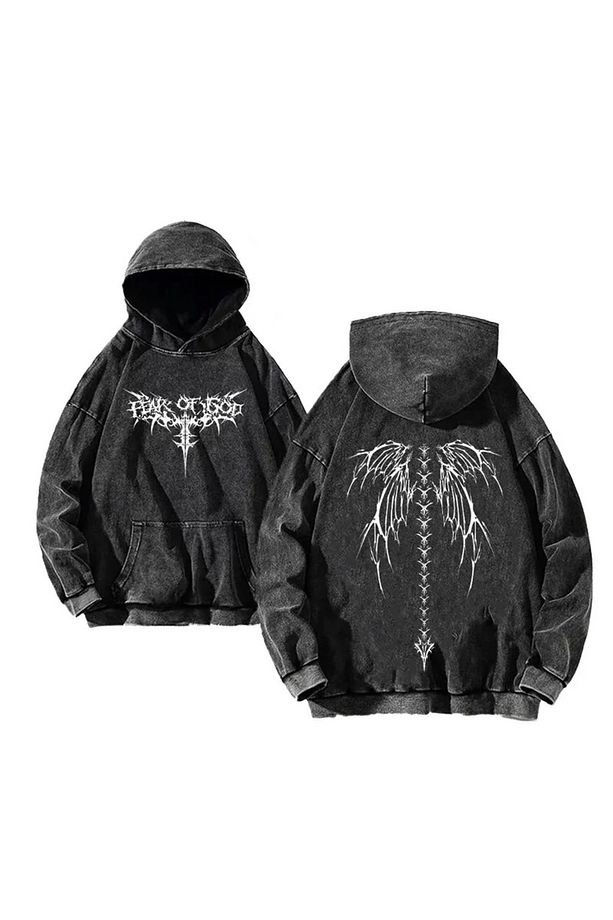 Yıkamalı Gothic Skeleton Punk Kapüşonlu Sweatshirt - 1