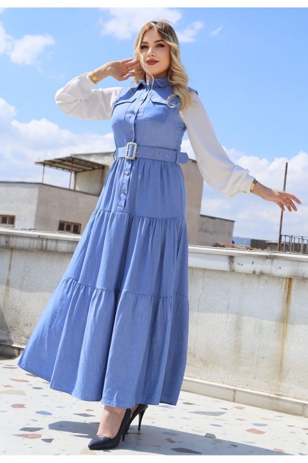 Women's Front Half Button Belt Detail Dress