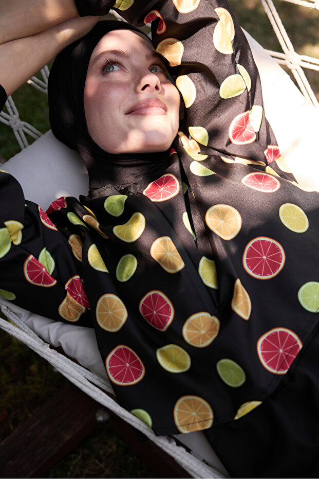Women's Hijab Fresh Slice Fruit Printed Full Covered 3 Piece Swimsuit Set