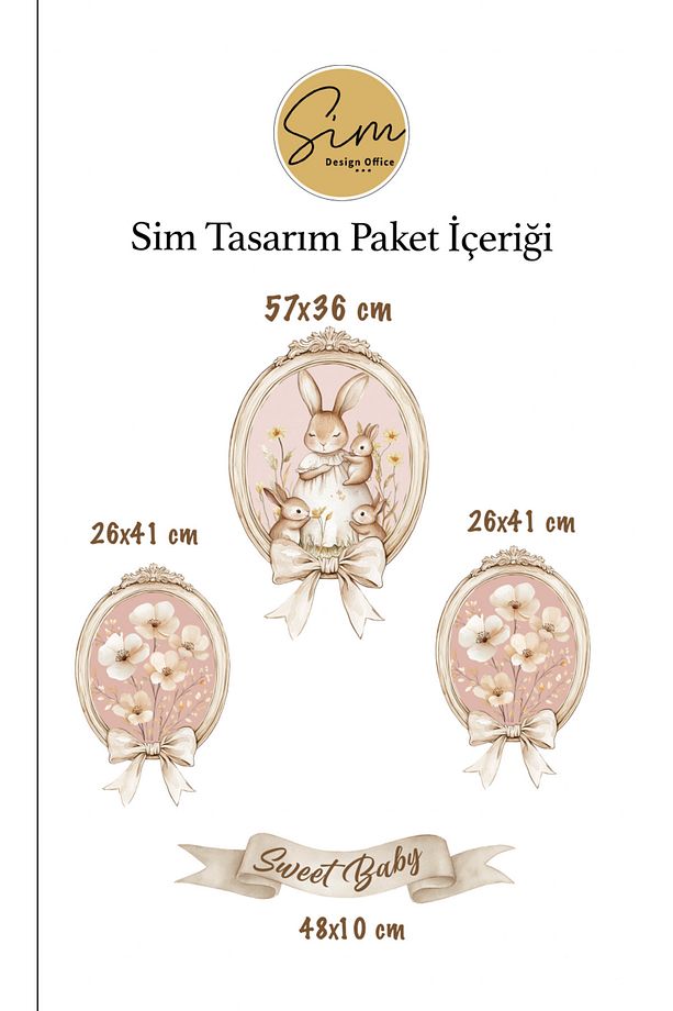 Vintage Çerçeve Görünümlü Sevimli Tavşan Ailesi ve Çiçekler Dekoratif Duvar Sticker Seti - 4