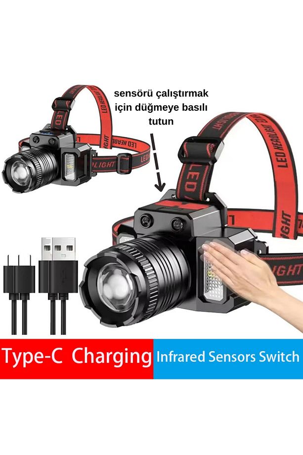 Zoom Sensörlü LED Kafa Feneri | USB-C Şarjlı, Yakınlaştırmalı, Dijital Göstergeli 4 adet - 2