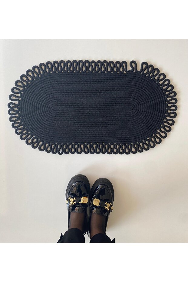 Jute Edges Patterned Oval Mat Black