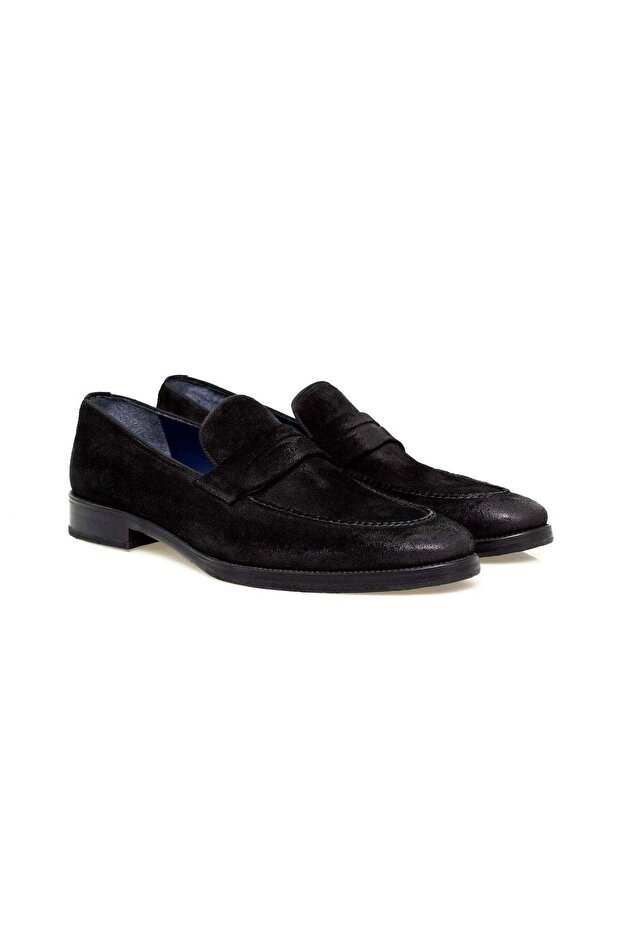 Black Color Laceless Genuine Leather Suede Men's Shoes