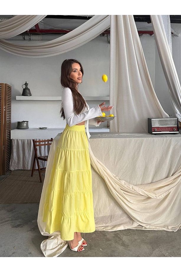 Sarı Beli Lastikli Poplin Uzun Etek - 2