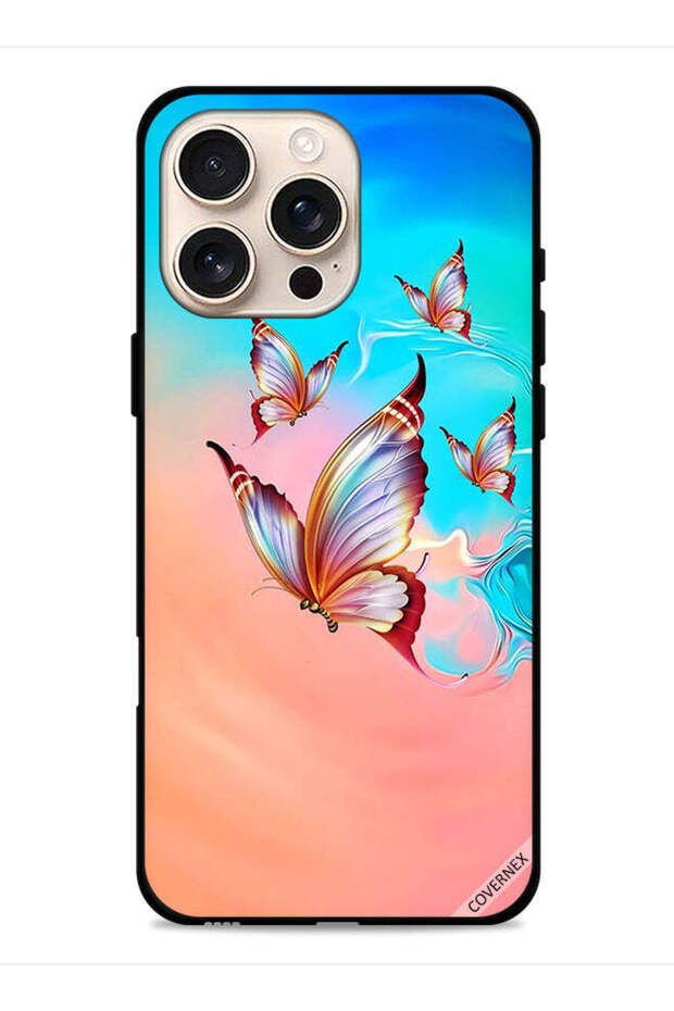 غطاء حماية لجهاز Apple iPhone 16 Pro Max بنقشة فراشات تحلق فوق لون الطلاء