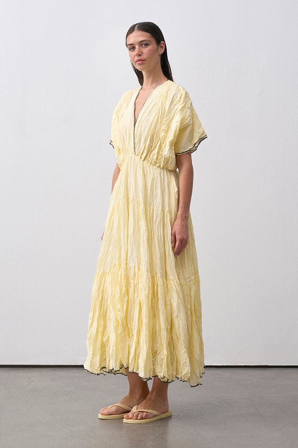 Sarı Crinkle V Yaka Maxi Elbise - 5
