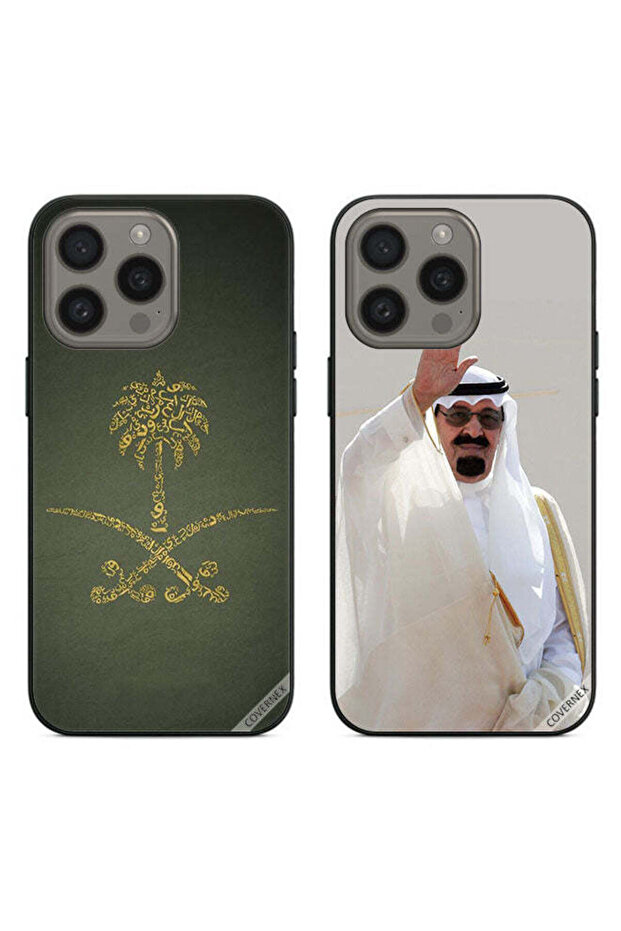 حافظتان لهاتف أبل آيفون 15 برو ماكس بغطاءين واقيين يحملان شعار المملكة العربية السعودية وشعار الملك عبدالله