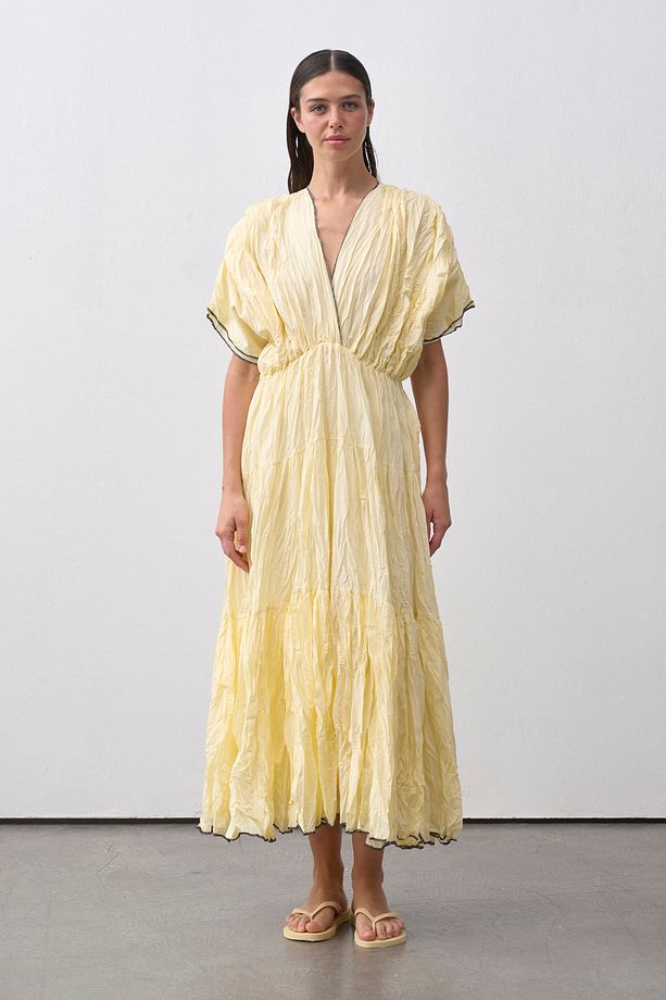 Sarı Crinkle V Yaka Maxi Elbise - 3