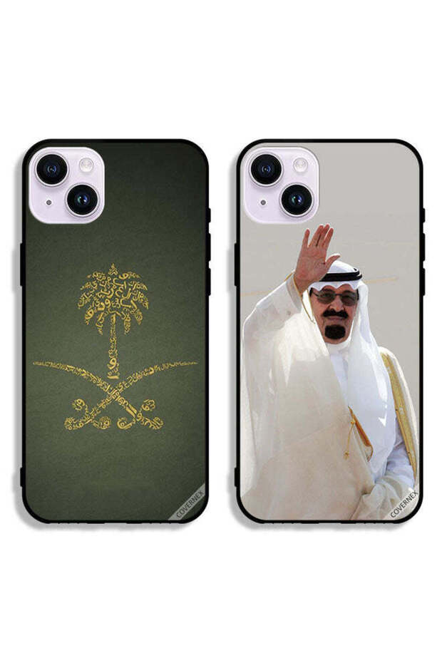 حافظتان لجهاز آبل آيفون 14 بلس بغطاء حماية يحملان شعار المملكة العربية السعودية وشعار الملك عبدالله
