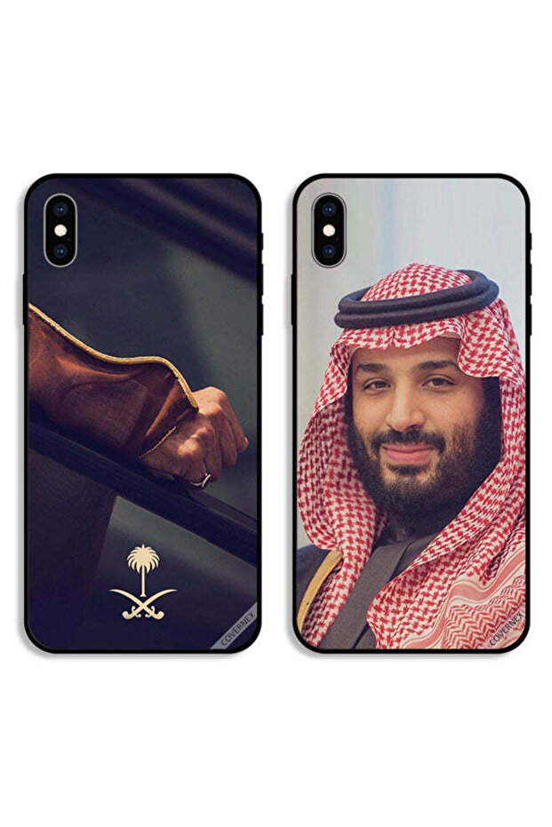 حافظتان لجهاز آيفون إكس من آبل، غطاءان واقيان يحملان صورة محمد بن سلمان ويدًا تحمل شعارًا وطنيًا