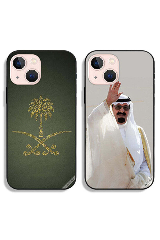 حافظتان لجهاز آبل آيفون 13 ميني بغطاءين واقيين يحملان شعار المملكة العربية السعودية وشعار الملك عبدالله