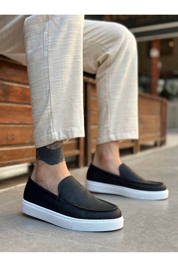 Laceless Men's Casual Shoes Black (White Sole)
