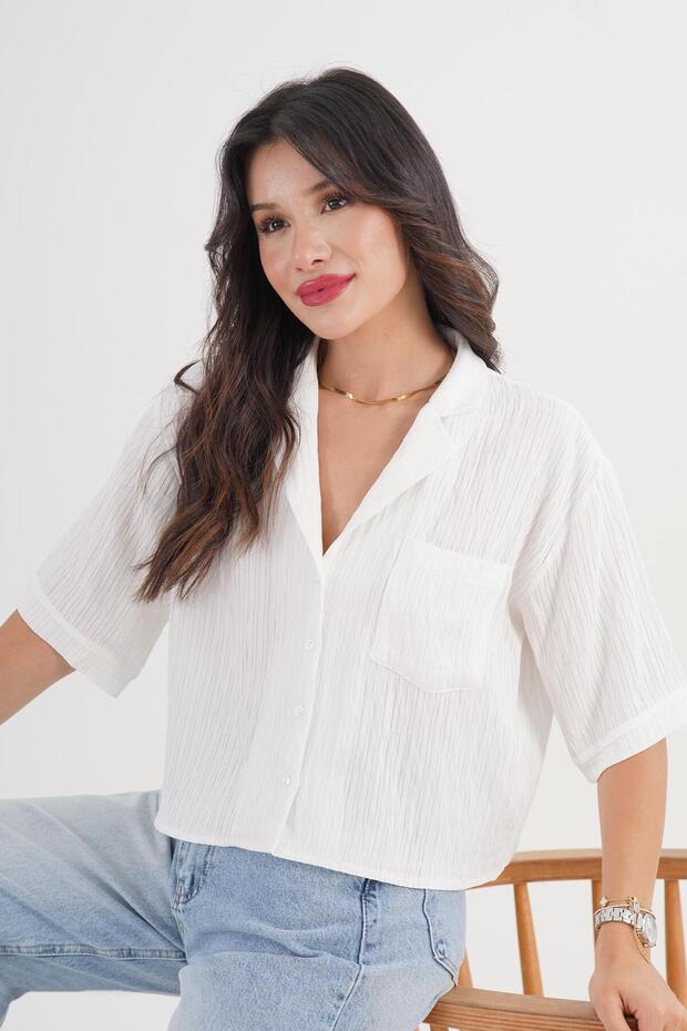 Single Pocket V-Neck Short Sleeve White Shirt