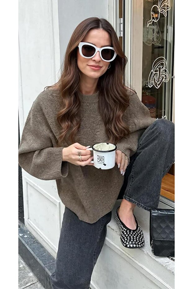 Crew Neck Mink Oversize Knitwear Sweater