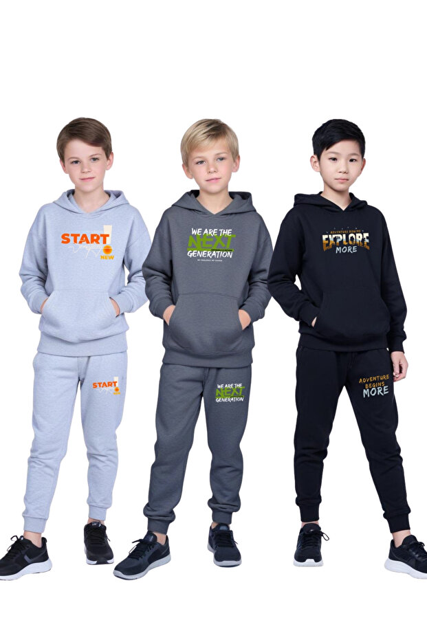 3-Piece Hooded Kangaroo Pocket Printed Boy's Tracksuit Set