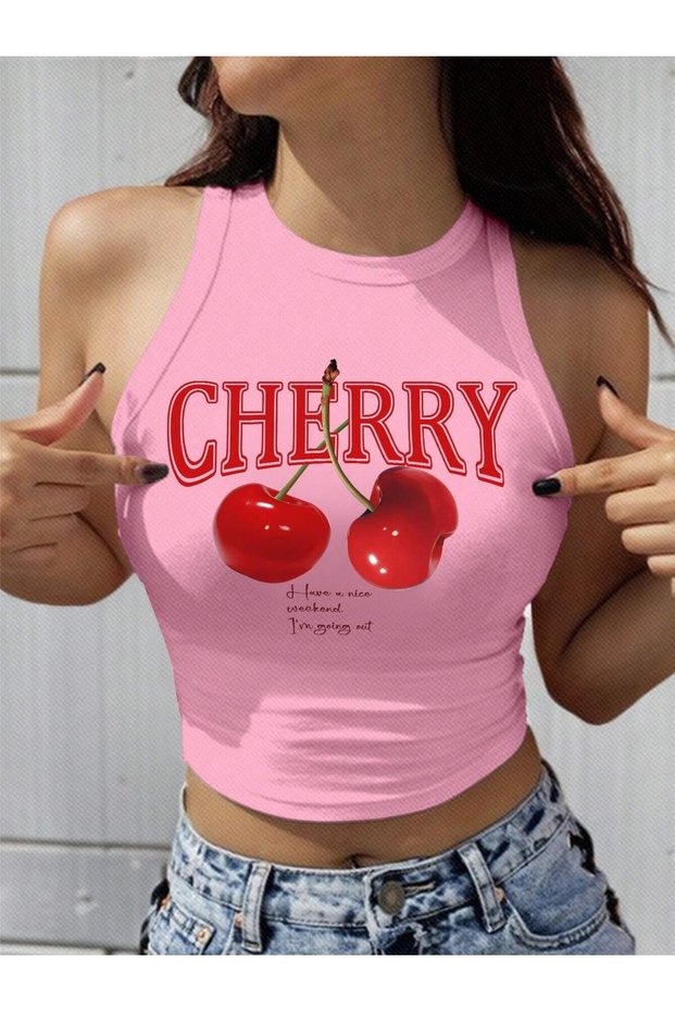 Women's Pink "Cherry" Printed Sleeveless Crop Tank Top - Summer Streetwear