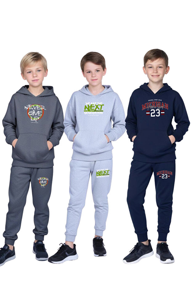 3-Piece Hooded Kangaroo Pocket Printed Boy's Tracksuit Set
