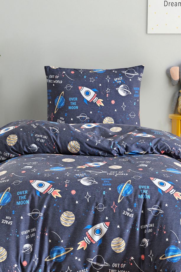Tek Kişilik Pamuklu Nevresim Takımı 3 Parça – Space Desen – Lacivert / Yumuşak Dokulu - 1