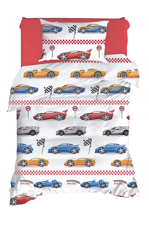 Tek Kişilik Pamuklu Nevresim Takımı 3 Parça – Nascar Desen – Kırmızı / Yumuşak Dokulu - 5