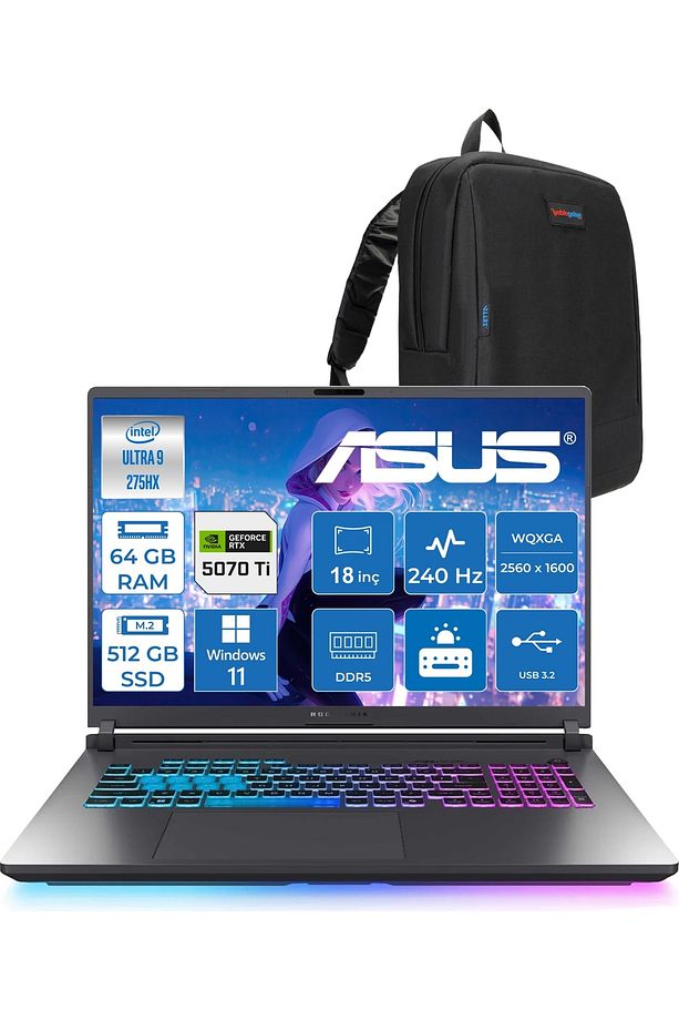 Rog Strix G18 U9-275HX 64GB 512GB SSD 12GB/RTX5070Tİ 175W 18" 2.5k 3ms W11PRO WS9156W25 +ZETTAÇANTA - 1