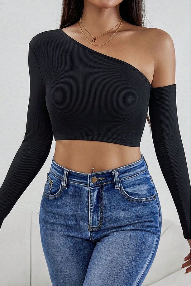 Trend Kadın Siyah Tek Omuz Uzun Kollu Crop Üst Vücuda Oturan Fit - 3