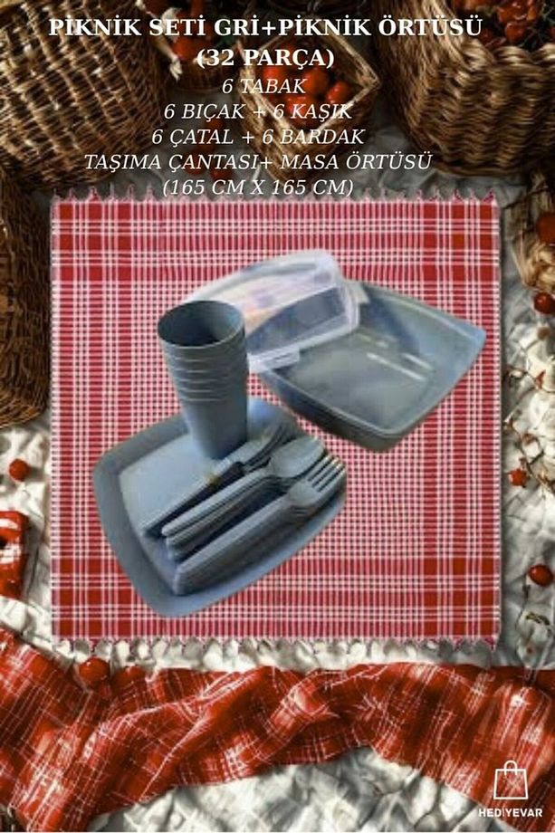 PİKNİK SETİ GRİ+PİKNİK ÖRTÜSÜ (32 PARÇA) 6 xTABAK+BIÇAK+KAŞIK+ÇATAL+BARDAK+TAŞIMA ÇANTA+ MASA ÖRTÜ - 1