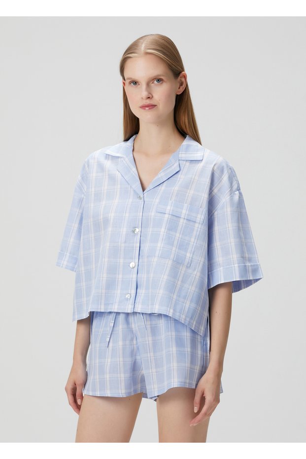 Linen and Cotton Beige Plaid Shorts Pajama Set-Belezza Collection