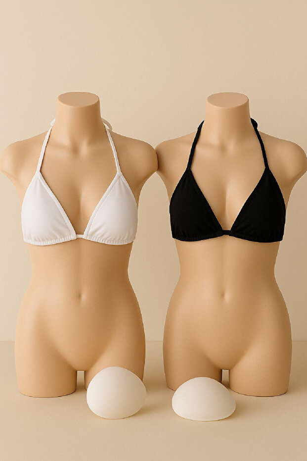 Kadın Siyah ve Beyaz Minimal Kesim Üçgen Bikini Üstü - 3
