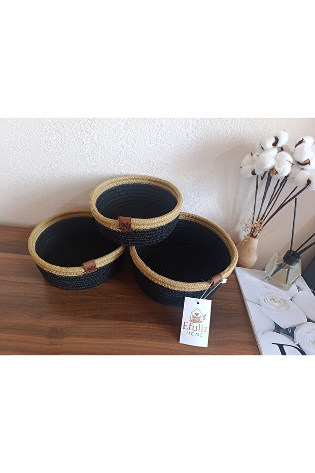 Multi-Purpose Black-Mustard 3 Basket, Jute-Wicker Rope Knitted Basket, Decorative-Organizer Basket Set