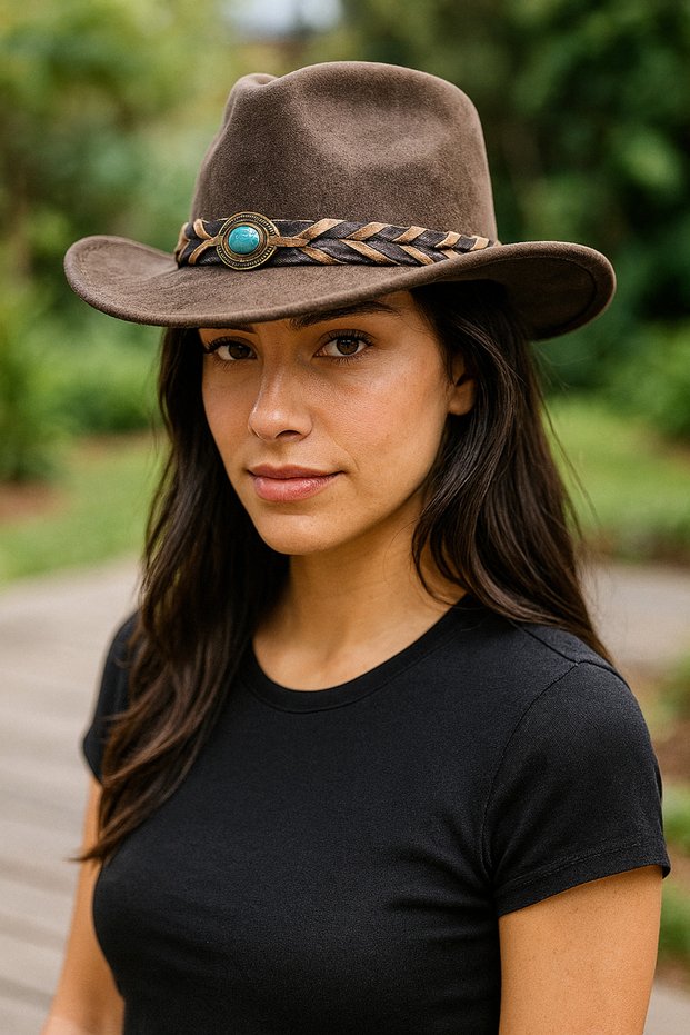 Women's Turquoise Stone Stamped Cowboy Hat with Knitted Band