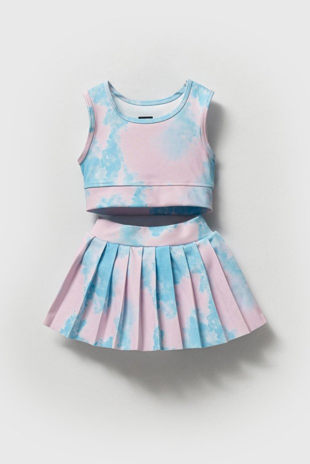 Girls Cotton Pink Blue Cloud Patterned Sports Skirt Suit - Crop Top and Pleated Skirt
